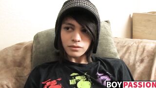 Skinny twink Roxy stuffs dildo and wanks off after interview