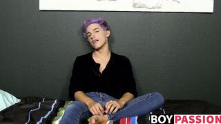 Cute twink toys with his big fat dong and moans for us too