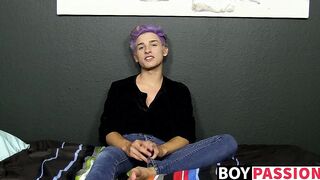 Cute twink toys with his big fat dong and moans for us too