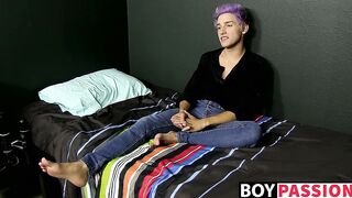 Cute twink toys with his big fat dong and moans for us too