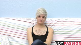 Tattooed smooth teen Austin moans during hot masturbation