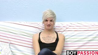Tattooed smooth teen Austin moans during hot masturbation