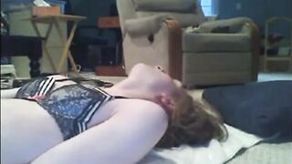 Sissy cums on self while dressed up
