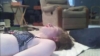Sissy cums on self while dressed up