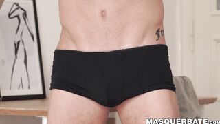 Masked athletic jock Max Dior masturbates his cock solo