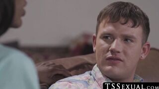 TSSexual.com - Stunning ebony tranny sucks cock and delivers a hardcore anal ramming
