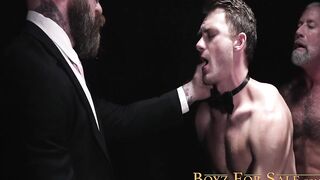 Inked studs Jack Dixon and Lance Charger spitroast Young sexy Cole Blue in an anal fu