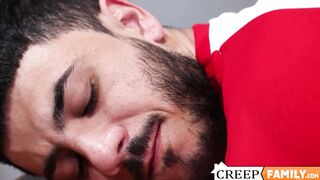 My stepdad rubs my big cock in the gym locker room before barebacking