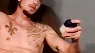Inked marine blown by mature homo during stroking session