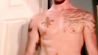 Inked marine blown by mature homo during stroking session