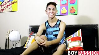 Young guy interviewed before he starts stroking on his rod