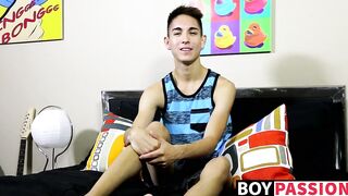 Young guy interviewed before he starts stroking on his rod