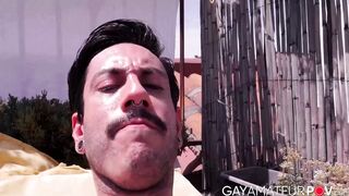 Slim Alexis Clark jacked his gigantic cock while working on his tan on the rooftops