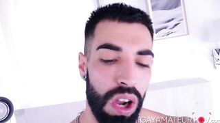 Inked muscular Yah Jil soaps up his muscular body and plays his long uncut thick dick