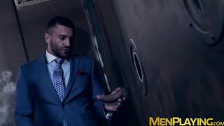 Classy hunk sucks a gloryhole cock before being hammered