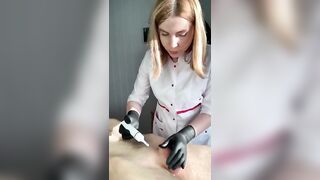 A man jizzes while cutting hair with a cock trimmer.