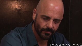 Bald bearded mature homo receives young hard cock