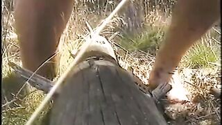 Outdoor Handjob Fun: Tree Trunk Humping Adventure
