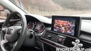 Brunette hooker sucks throbbing cocks through car window