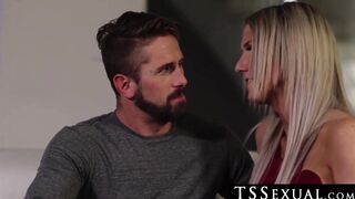 TSSexual.com - Shemale strokes her man to a massive cum explosion after anal sex