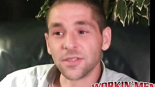 Amateur shows off his hairy cock in an interview and jerks