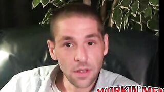 Amateur shows off his hairy cock in an interview and jerks
