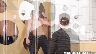 Masked male stripper teases with his body and jacks off