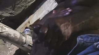 The big black dude jerks off in his secret haven at home the basement