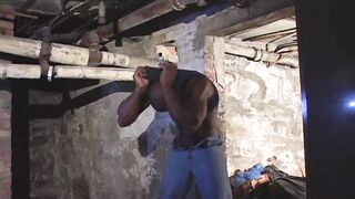 The big black dude jerks off in his secret haven at home the basement