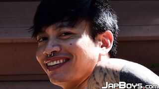 Japanese hottie with pierced cock teasing and playing around