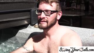 Gay with glasses shows balls prior to stroking off with pal