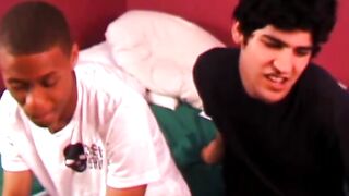 Teen blows two big interracial cocks before doggystyle