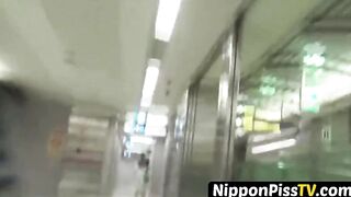 Unusual Asian brunettes pissing all around their bushy pussies