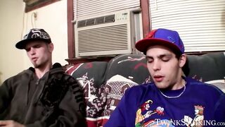 Horny buds Drac and Nolan work their horny big cock while puffing their cig