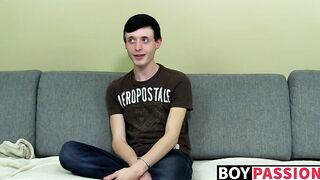 Short-haired twink toys with asshole as he strokes his cock
