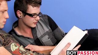 Nerdy young gay Timo Garrett riding big cock after mutual BJ