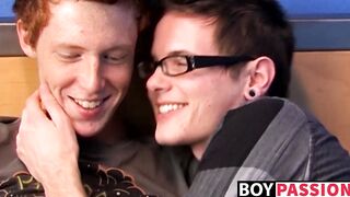 Nerdy young gay Timo Garrett riding big cock after mutual BJ