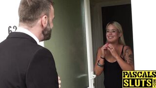 UK sub Roxy Mae rides before squirting beside cuckold