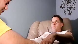 Middle aged amateur receives blowjob from young and old gay
