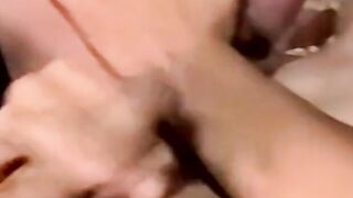 Amateur jerks off while mature man helps him cum with tongue