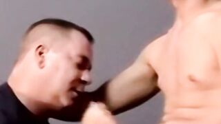 Amateur jerks off while mature man helps him cum with tongue
