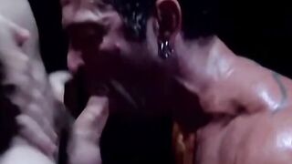Rojer Beaumont knelt to suck on the big shaft of Bryce while masturbating his dick