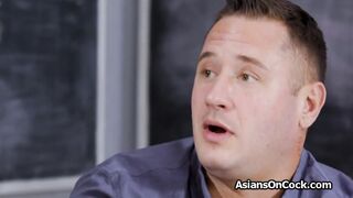 Asian spinner rides teachers cock by the chalkboard