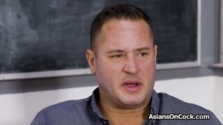 Asian spinner rides teachers cock by the chalkboard