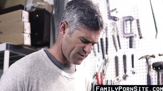 FamilyPornSite.com - Jock stepson craves daddy's raw cock in the workshop