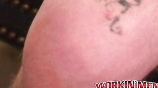 Bearded tattooed mature guy jerks off and cums on himself