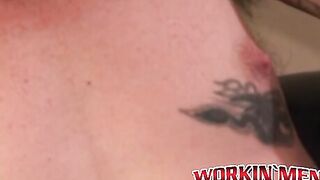 Bearded tattooed mature guy jerks off and cums on himself