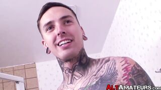 Horny inked stud jerking off and showing his athletic body