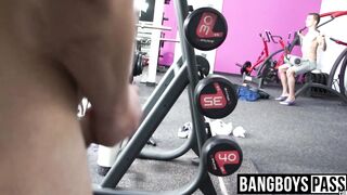 Athletic young men swap head and rimming in the gym