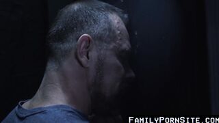 FamilyPornSite.com - Twink's hot glory hole blowjob skills with daddy's cumshot